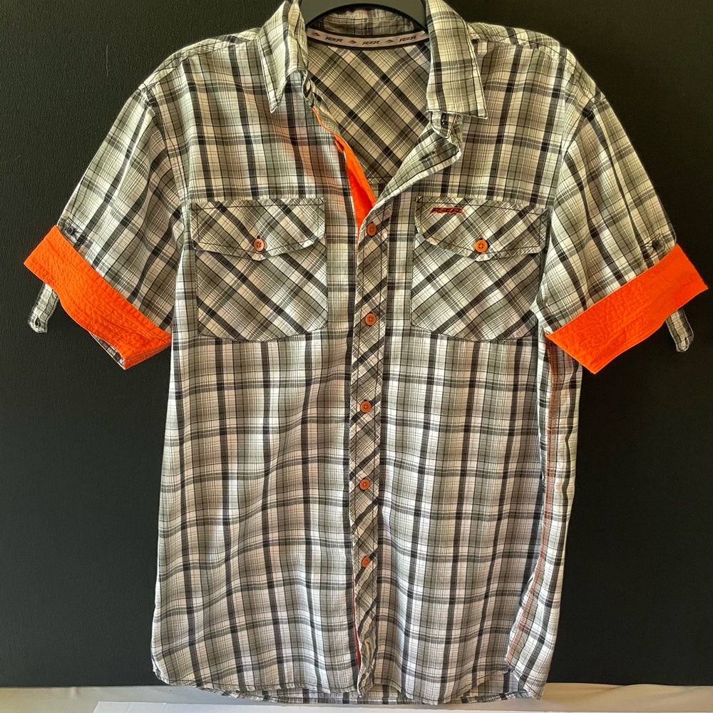3/$10 - Polaris RZR  Plaid button down Shirt with Orange Accents. EUC